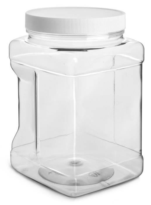 1/2 gal Clear PET Square Gripped Wide Mouth Jars w/ White PE Lined Caps