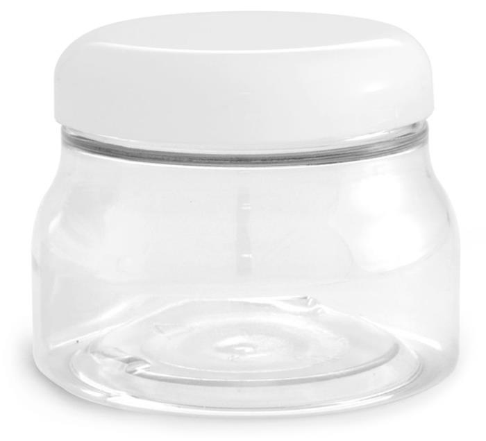 8 oz w/ Dome Cap PET Plastic Jars, Clear Tuscany Jars w/ White Smooth Plastic Caps