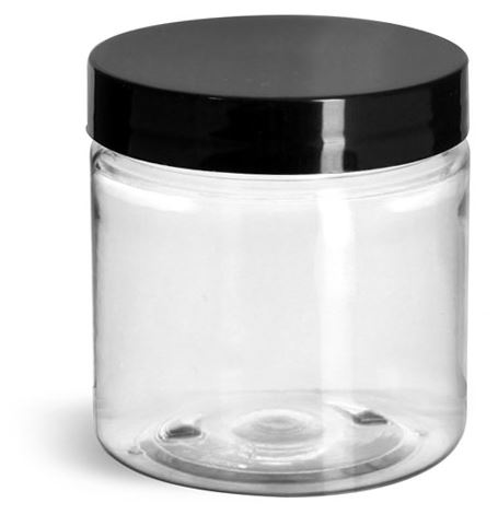 4 oz Clear PET Jars w/ Black Smooth Plastic Lined Caps