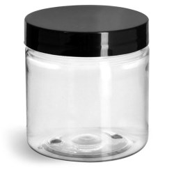 4 oz Clear PET Straight Sided Jars w/ Black Smooth Plastic Lined Caps