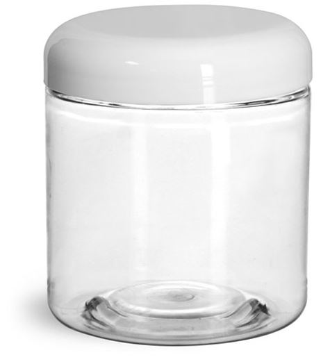 8 oz Plastic Jars, Clear PET Straight Sided Jars w/ White Lined Dome Caps