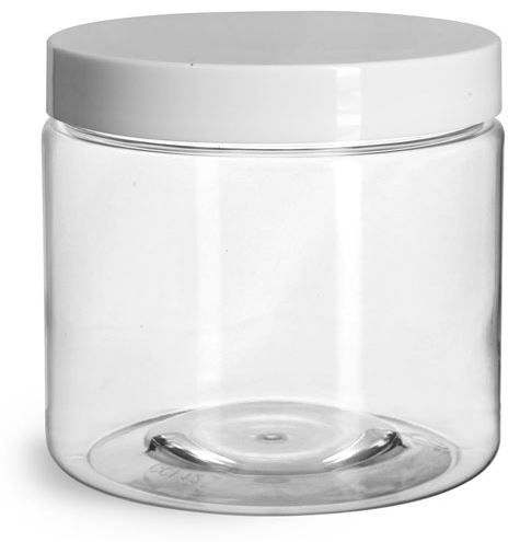 16 oz Plastic Jars, Clear PET Straight Sided Jars w/ White Smooth Induction Lined Caps