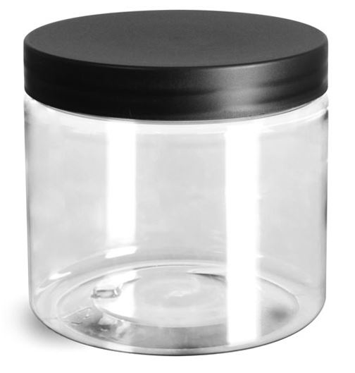 16 oz Plastic Jars, Clear PET Jars w/ Frosted Black Lined Caps