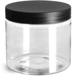 16 oz Plastic Jars, Clear PET Jars w/ Frosted Black Lined Caps