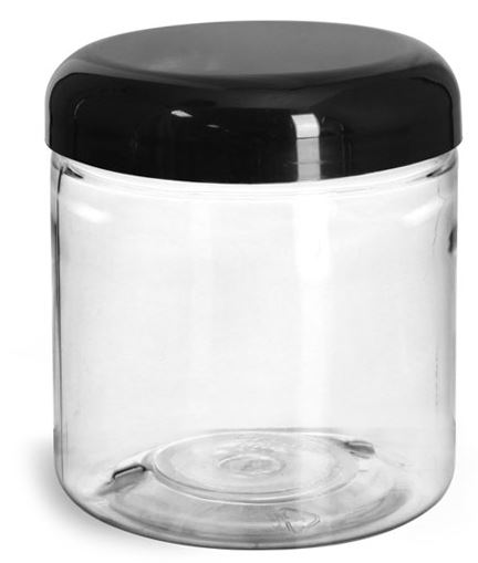 8 oz Plastic Jars, Clear PET Straight Sided Jars w/ Black Smooth Lined Plastic Dome Caps