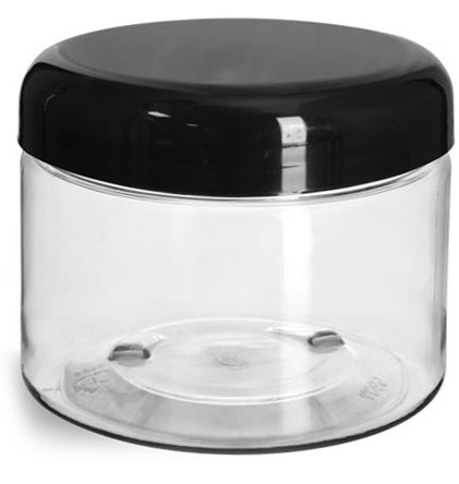 12 oz Plastic Jars, Clear PET Straight Sided Jars w/ Black Smooth Lined Plastic Dome Caps