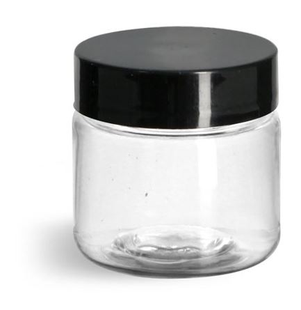 1 oz Clear PET Straight Sided Jars w/ Black Smooth Plastic Lined Caps