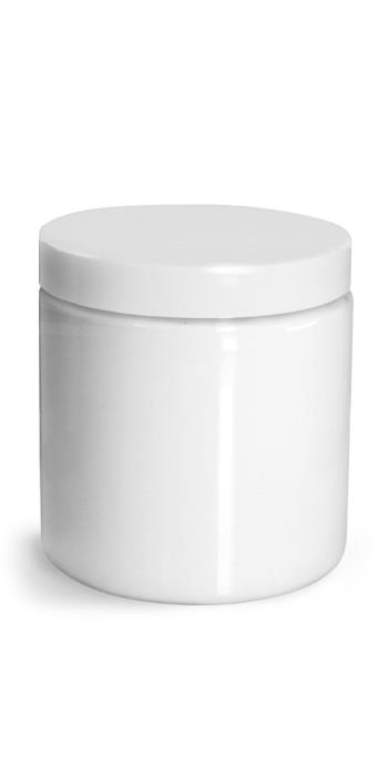 8 oz Plastic Jars, White PET Straight Sided Jars w/ White Smooth Unlined Caps
