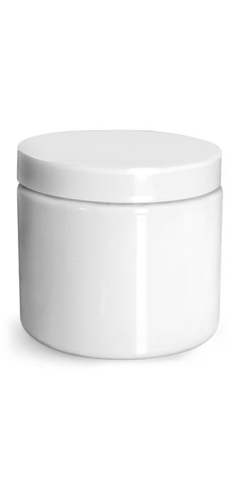 16 oz Plastic Jars, White PET Straight Sided Jars w/ White Smooth Unlined Caps