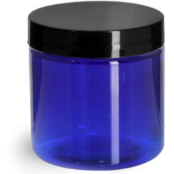 4 oz Blue PET Straight Sided Jars w/ Black Smooth Plastic Lined Caps