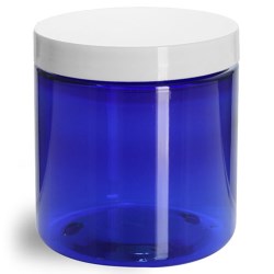 8 oz Blue PET Straight Sided Jars w/ White Smooth Plastic Lined Caps