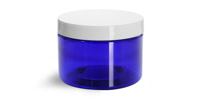 12 oz Blue PET Straight Sided Jar w/ White Smooth Plastic Cap