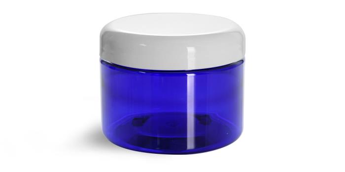 12 oz PET Plastic Jars, Blue Straight Sided Jars w/ White Dome Lined Caps