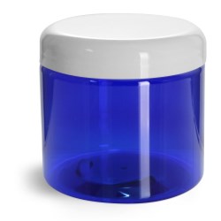 16 oz PET Plastic Jars, Blue Straight Sided Jars w/ White Dome Lined Caps