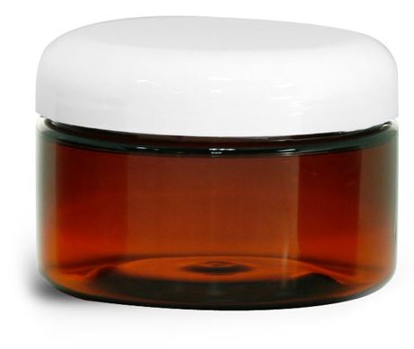 4 oz Plastic Jars, Amber PET Heavy Wall Jars w/ Lined White Dome Caps