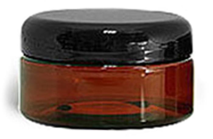 8 oz Plastic Jars, Amber PET Heavy Wall Jars w/ Lined Black Dome Caps