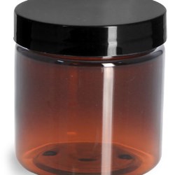4 oz Amber PET Straight Sided Jars w/ Black Smooth Plastic Lined Caps