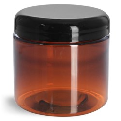 16 oz Plastic Jars, Amber PET Straight Sided Jars w/ Lined Black Dome Caps