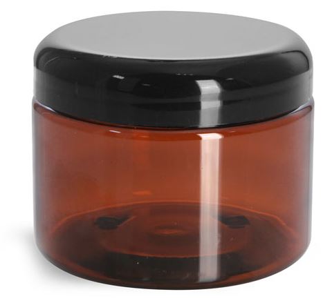 12 oz Plastic Jars, Amber PET Straight Sided Jars w/ Lined Black Dome Caps