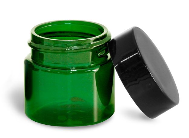 1/2 oz Green PET Straight Sided Jars w/ Black Smooth Plastic Lined Caps