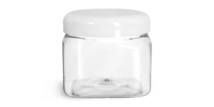 16 oz Plastic Jars, Clear PET Square Jars w/ White Smooth Plastic Lined Dome Caps