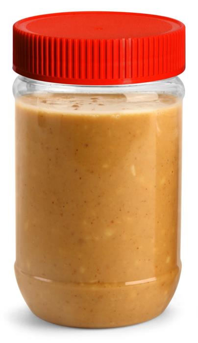 17 oz Plastic Jars, Clear PET Peanut Butter Jars w/ Red Ribbed Induction Lined Caps