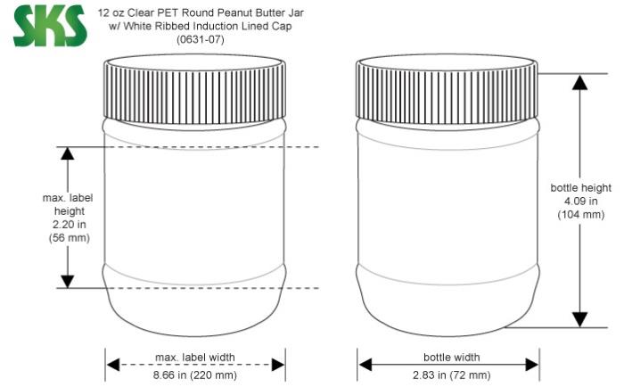 12 oz Plastic Jars, Clear PET Peanut Butter Jars w/ White Ribbed Induction Lined Caps