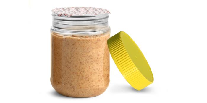 12 oz Plastic Jars, Clear PET Peanut Butter Jars w/ Yellow Ribbed Induction Lined Caps