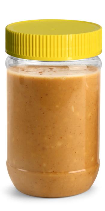 17 oz Plastic Jars, Clear PET Peanut Butter Jars w/ Yellow Ribbed Induction Lined Caps