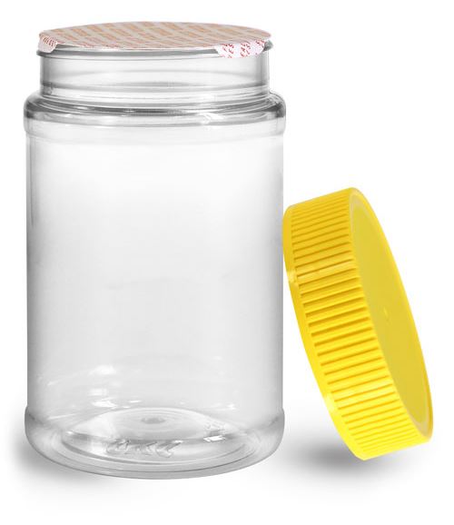 16 oz Clear PET Food Jars w/ Yellow Ribbed Induction Lined Caps