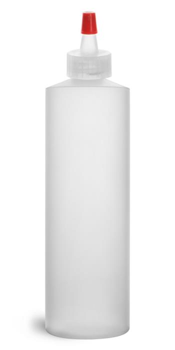 16 oz Plastic Bottles, Natural HDPE Cylinder Bottles w/ Long Tip Spout Caps