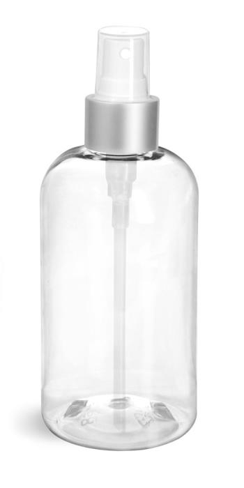 8 oz Clear PET Boston Rounds w/ White Sprayers w/ Brushed Aluminum Collars