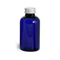 2 oz Blue PET Round Bottles w/ Lined Aluminum Caps