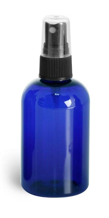 4 oz Blue PET Boston Round Bottles w/ Black Fine Mist Sprayers