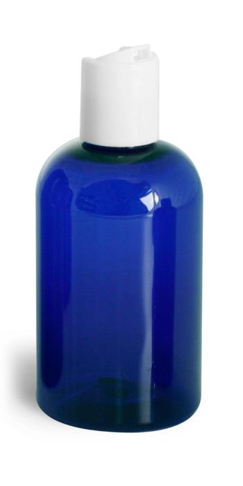 4 oz Blue PET Boston Round Bottles w/ White Disc Top Caps