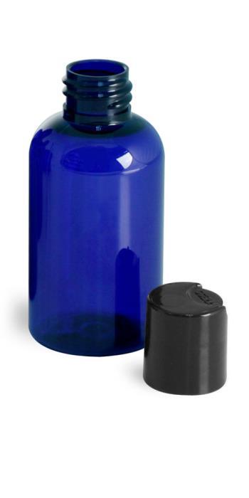2 oz Blue PET Boston Round Bottles w/ Black Disc Top Caps