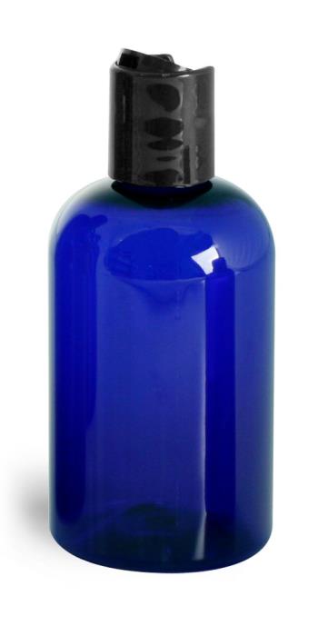 4 oz Blue PET Boston Round Bottles w/ Black Disc Top Caps