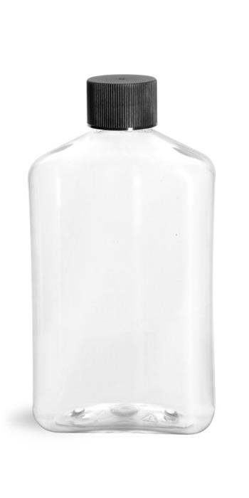 8 oz Clear PET Oblong Bottles w/ Black Ribbed Screw Caps