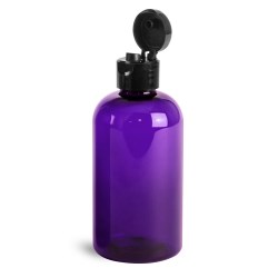 8 oz Plastic Bottles, Purple PET Boston Rounds w/ Black Smooth Snap Top Caps