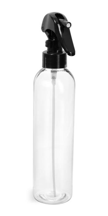8 oz Clear PET Cosmo Round Bottles w/ Black Mini Trigger Sprayers