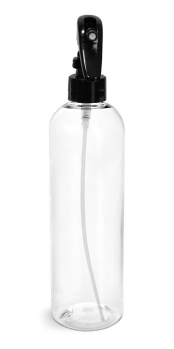 12 oz Clear PET Cosmo Round Bottles w/ Black Mini Trigger Sprayers