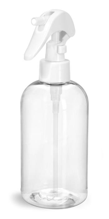 12 oz Clear PET Boston Rounds w/ White Mini Trigger Sprayers