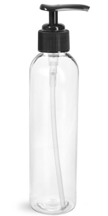 8 oz Clear PET Cosmo Round Bottles w/ Black Lotion Pumps