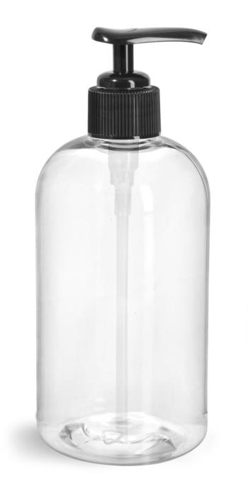 12 oz Clear PET Boston Rounds w/ Black Lotion Pumps