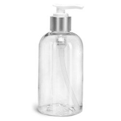 12 oz  Clear PET Boston Rounds w/ White Lotion Pumps w/ Brushed Aluminum Collar