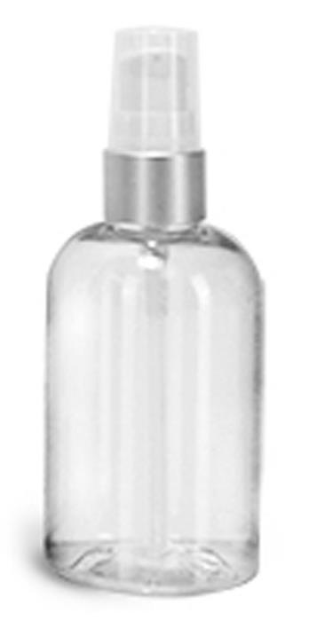 4 oz PET Plastic Bottles, Clear Boston Round Bottles w/ White Lotion Pumps w/ Brushed Aluminum Collars