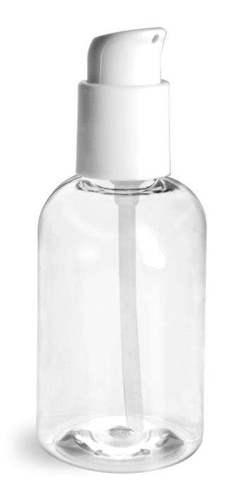 4 oz Clear PET Boston Round Bottles w/ White Treatment Pumps
