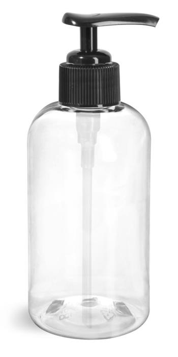 8 oz Clear PET Boston Round Bottles w/ Black Lotion Pumps & Treatment Pumps