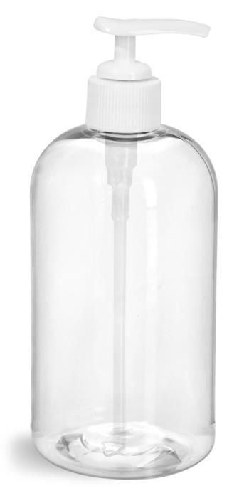 8 oz Clear PET Boston Round Bottles w/ White Lotion Pumps & Treatment Pumps