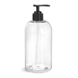 16 oz Clear PET Boston Round Bottles w/ Black Lotion Pumps & Treatment Pumps